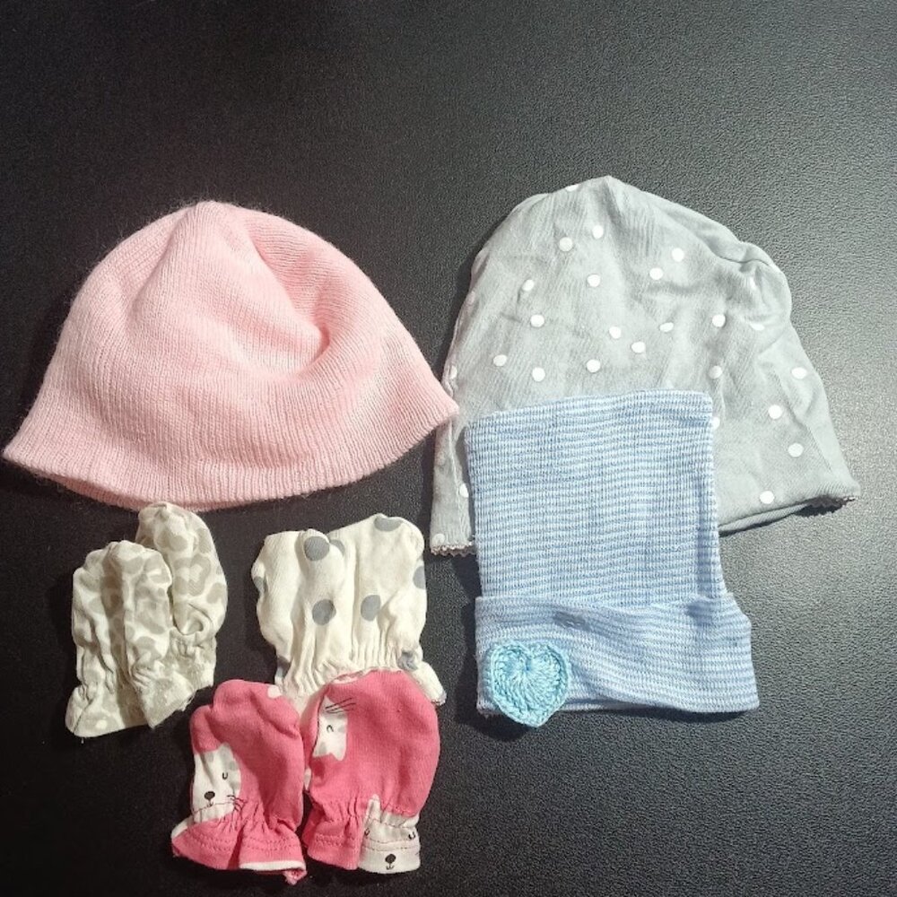 Newborn hats and scratch mittens 3 hats, 3 mittens multi color